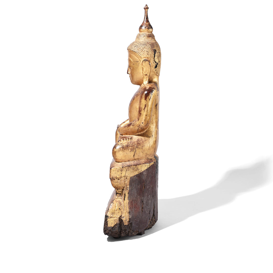 Side View Of Antique Gilt Wood Burmese Shan Buddha Statue | Indigo Antiques