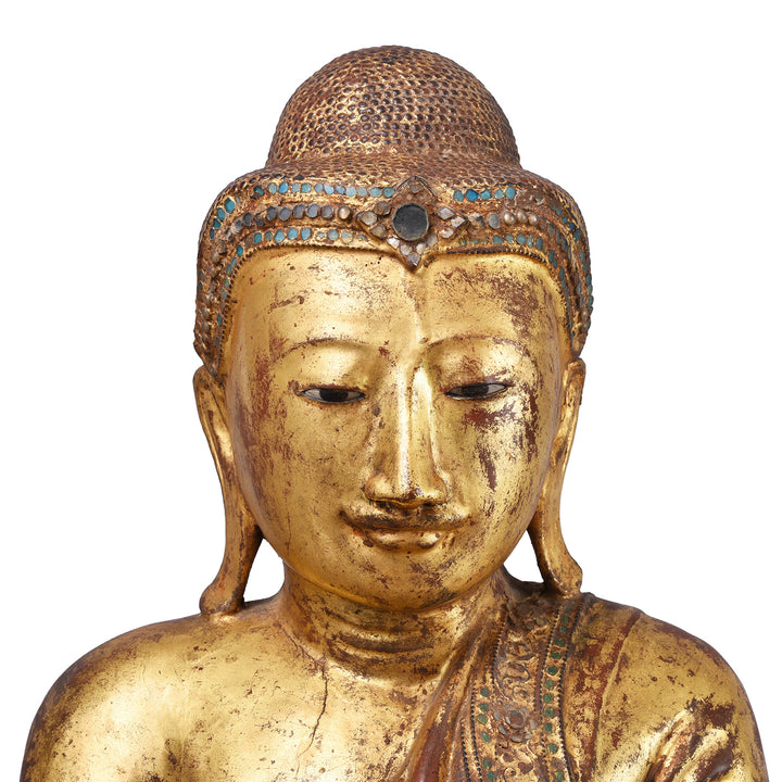 Face Detail From Antique Gilded Teak Mandalay Sitting Buddha | Indigo Antiques