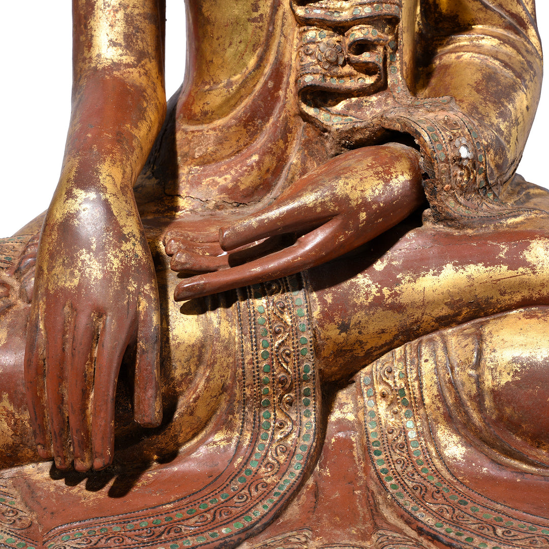 Hands Detail From Antique Gilded Teak Mandalay Sitting Buddha | Indigo Antiques