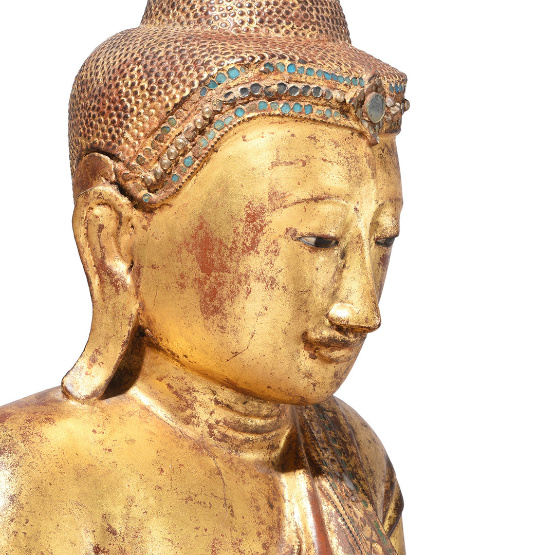 Angled Face Detail From Antique Gilded Teak Mandalay Sitting Buddha | Indigo Antiques