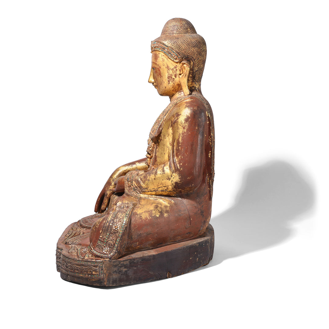 Side View Of Antique Gilded Teak Mandalay Sitting Buddha | Indigo Antiques