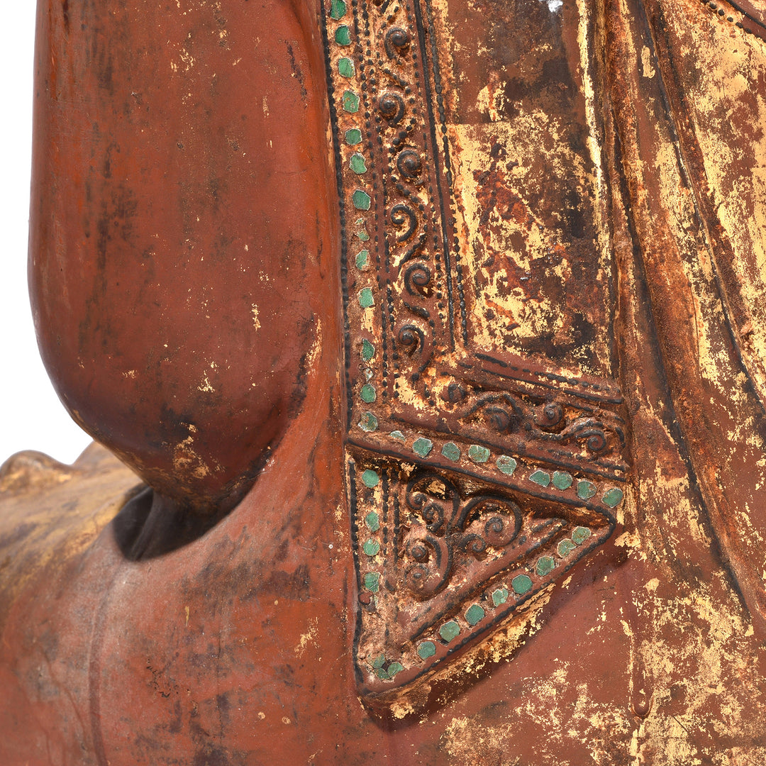 Clothing Detail From Back Of Antique Gilded Teak Mandalay Sitting Buddha | Indigo Antiques