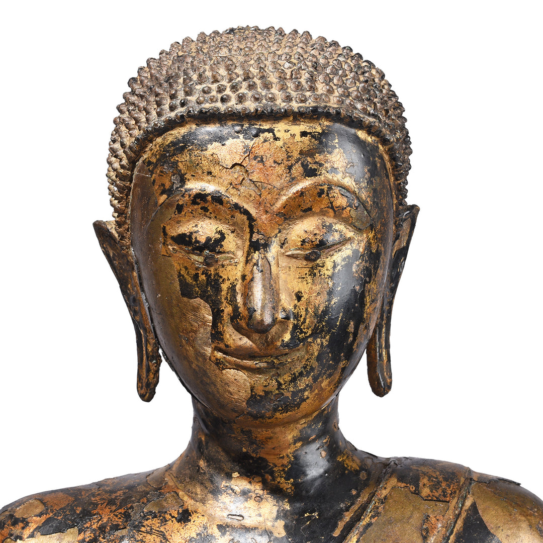 Face Detail From Antique Lacquered Bronze Thai Sitting Buddha | Indigo Antiques