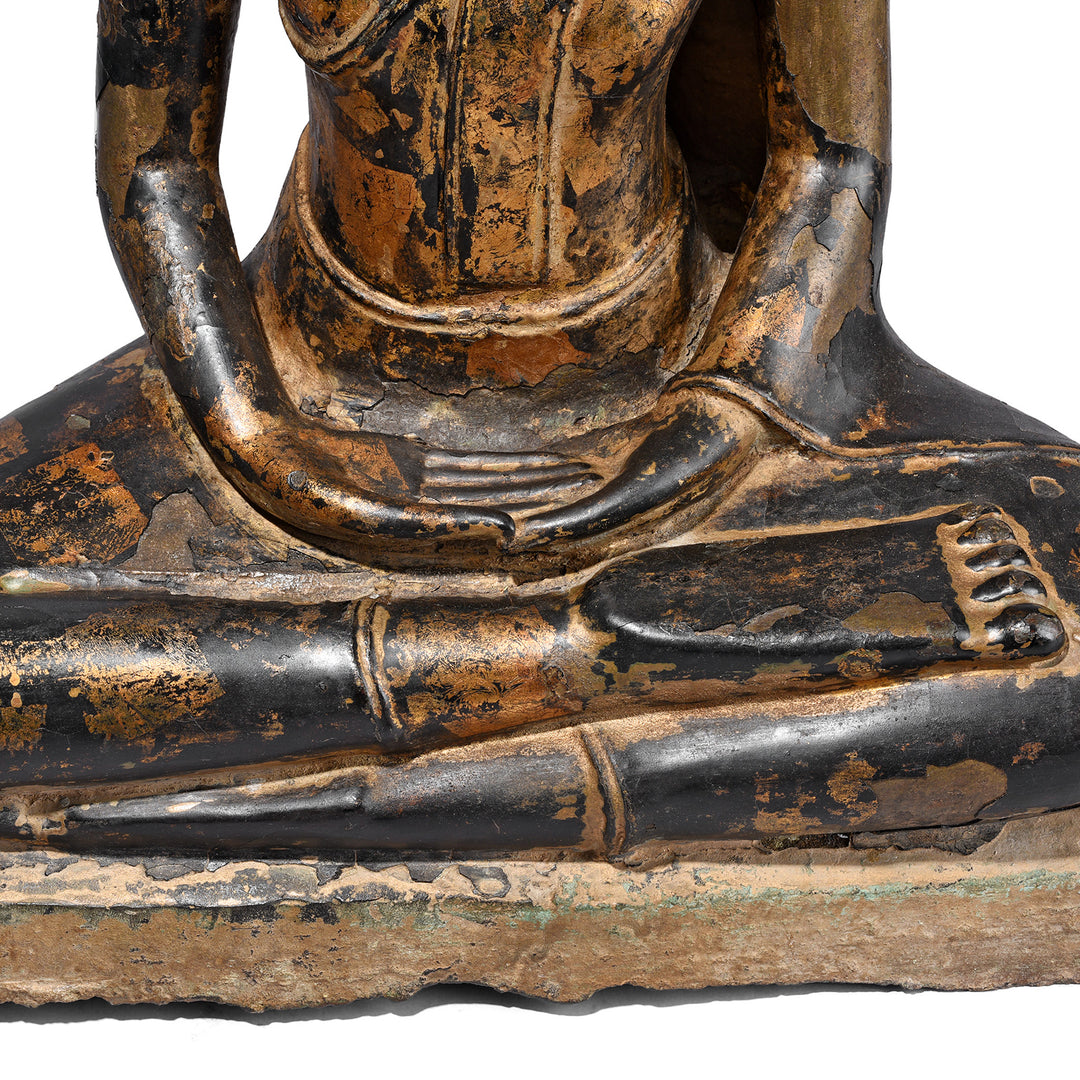 Hands In Lap Detail From Antique Lacquered Bronze Thai Sitting Buddha | Indigo Antiques