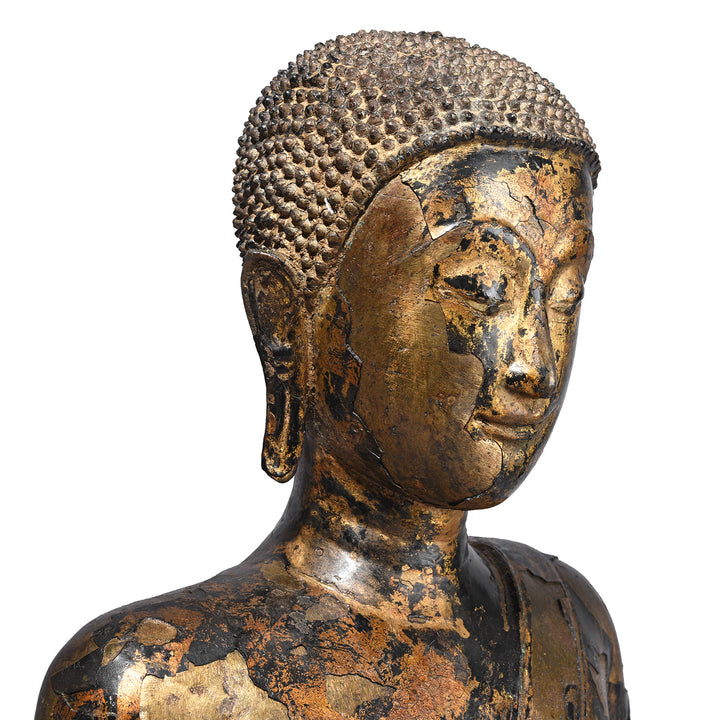 Angled Portrait Of Antique Lacquered Bronze Thai Sitting Buddha | Indigo Antiques