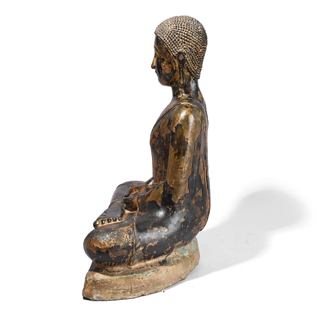 Side View Of Antique Lacquered Bronze Thai Sitting Buddha | Indigo Antiques