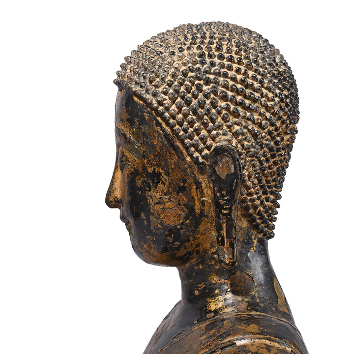 Profile Detail Of Antique Lacquered Bronze Thai Sitting Buddha | Indigo Antiques