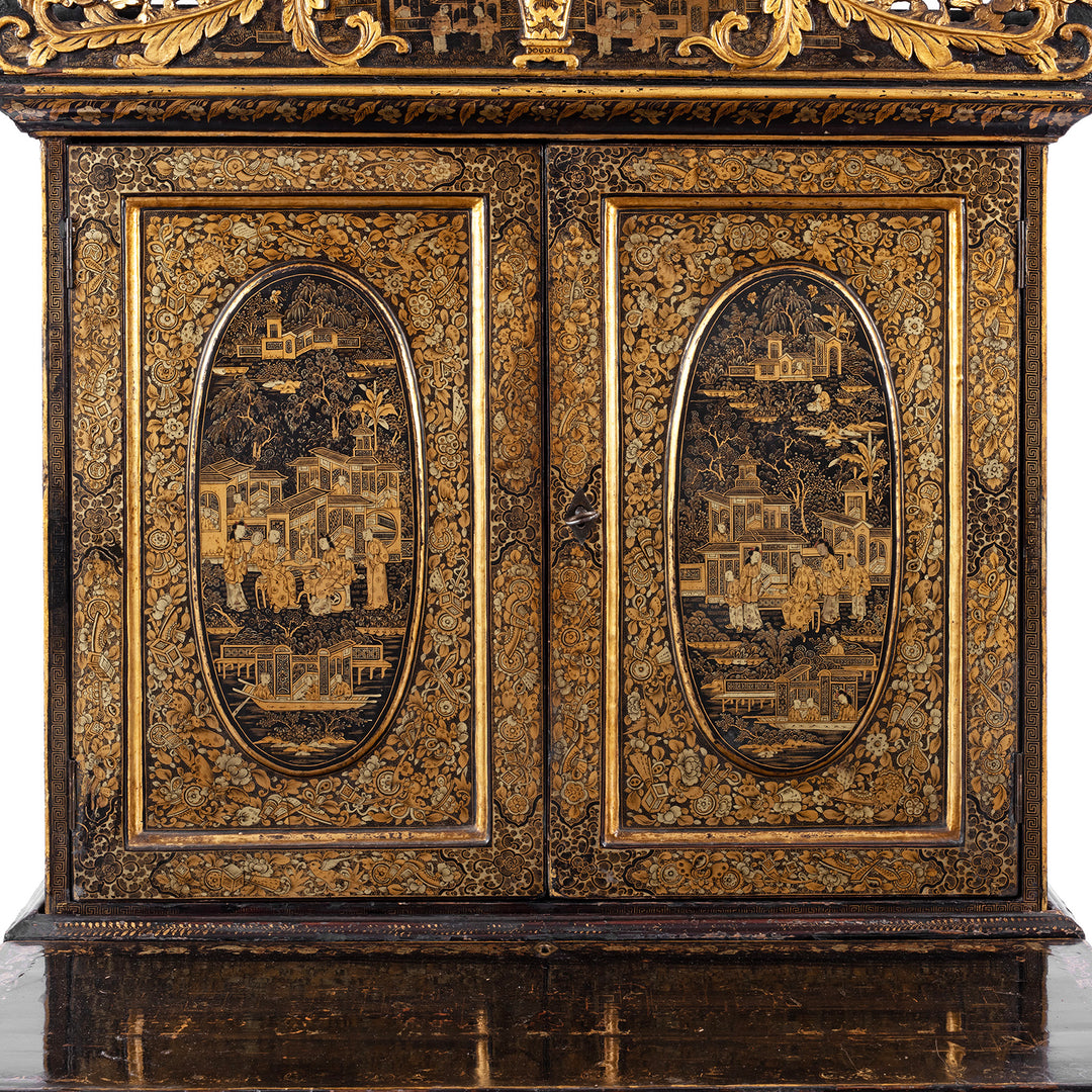 Doors Detail From Antique Lacquered Canton Export Bonheur De Jour Cabinet | Indigo Antiques