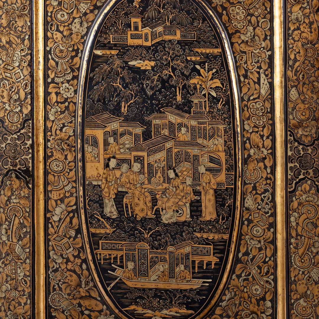 Artwork Detail From Door Panel Of Antique Lacquered Canton Export Bonheur De Jour Cabinet | Indigo Antiques