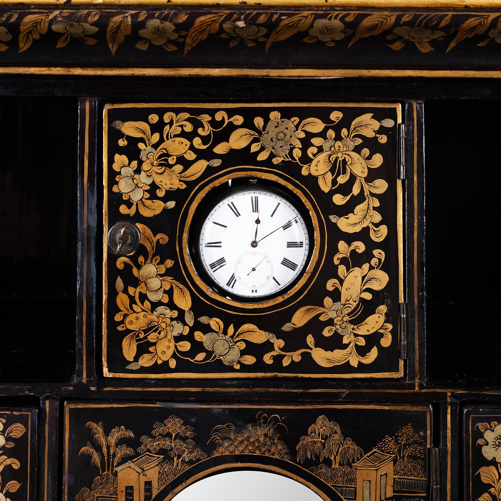 Timmepiece Detail From Antique Lacquered Canton Export Bonheur De Jour Cabinet | Indigo Antiques