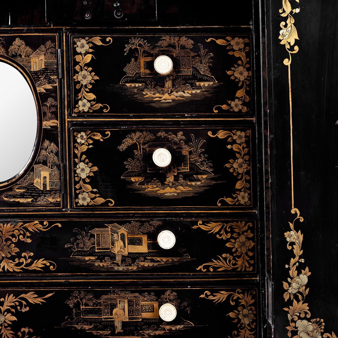 Drawer Artwork Detail From Antique Lacquered Canton Export Bonheur De Jour Cabinet | Indigo Antiques