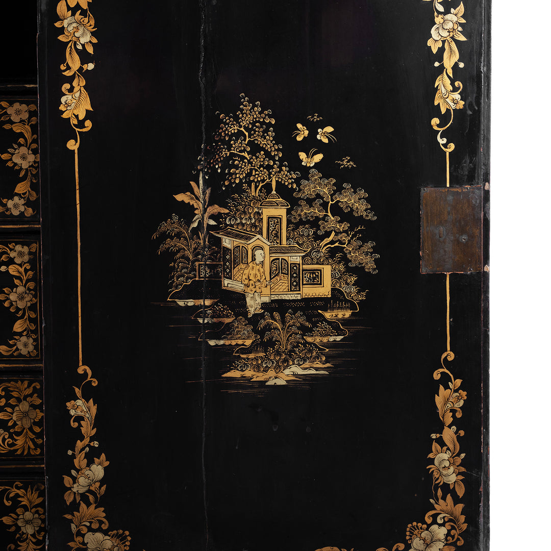 Internal Door Artwork Detail From Antique Lacquered Canton Export Bonheur De Jour Cabinet | Indigo Antiques