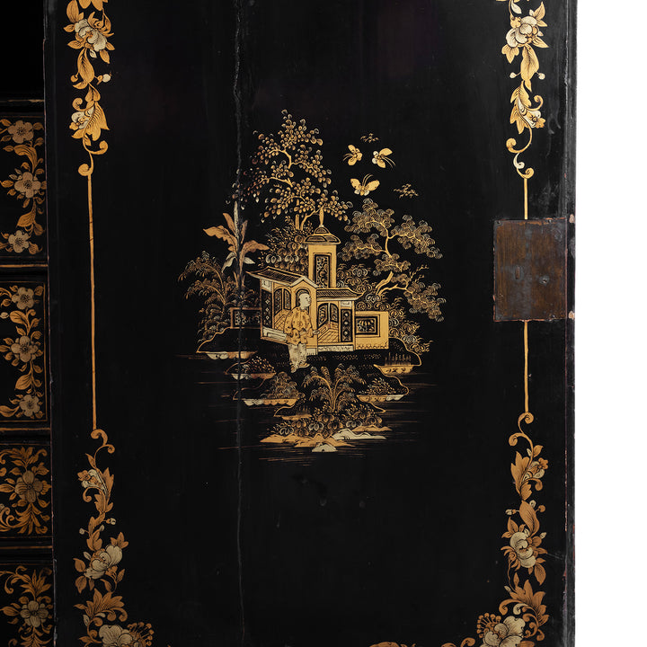 Internal Door Artwork Detail From Antique Lacquered Canton Export Bonheur De Jour Cabinet | Indigo Antiques
