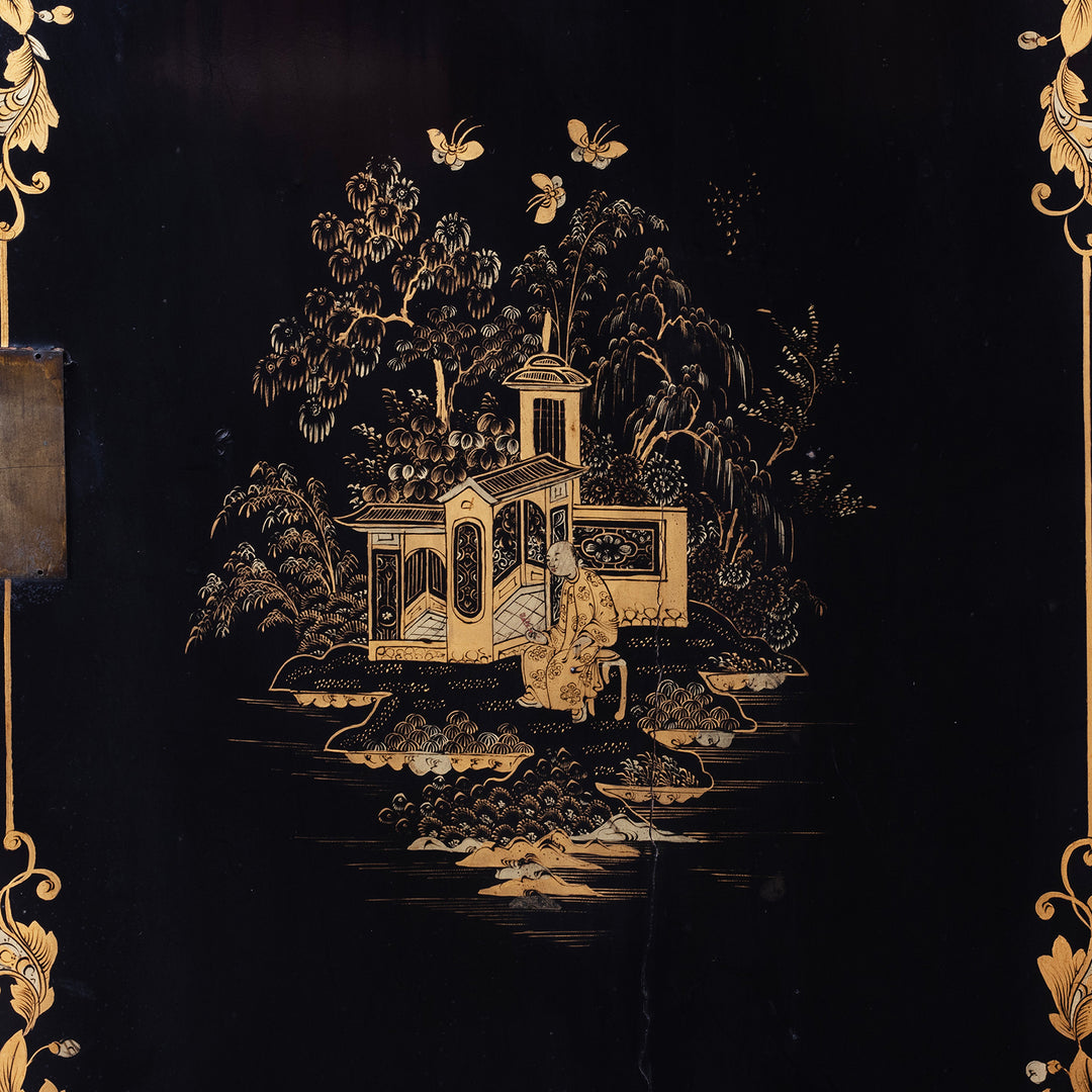 Internal Door Artwork Detail From Antique Lacquered Canton Export Bonheur De Jour Cabinet | Indigo Antiques