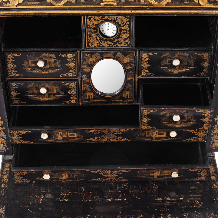 Open Drawers Detail From Antique Lacquered Canton Export Bonheur De Jour Cabinet | Indigo Antiques