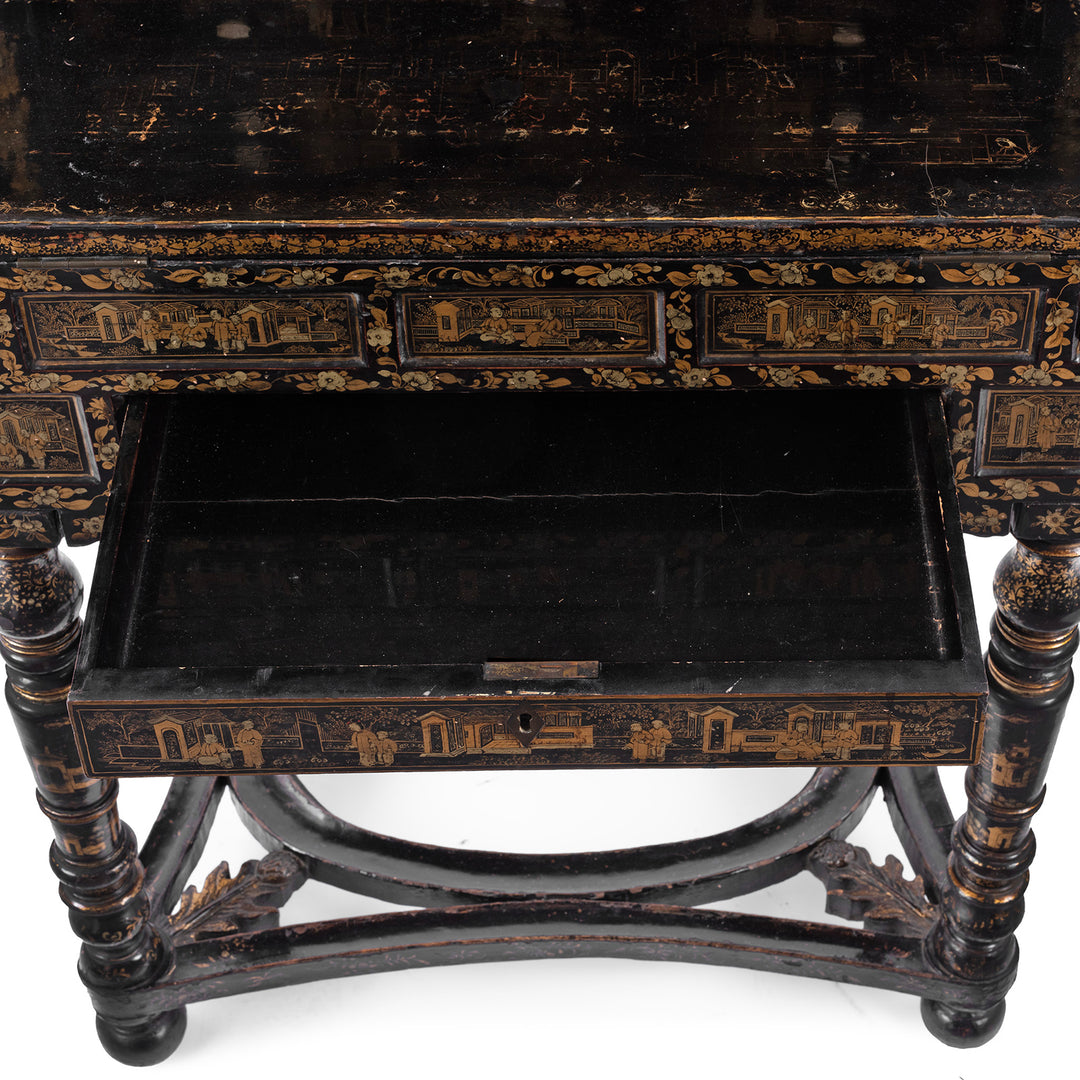 Large Drawer Open Detail From Antique Lacquered Canton Export Bonheur De Jour Cabinet | Indigo Antiques