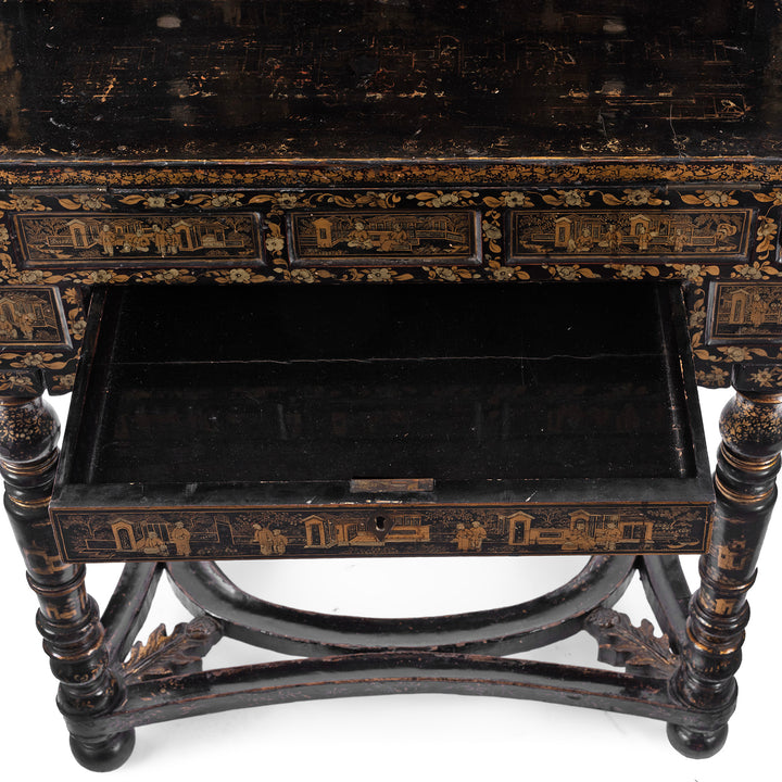 Large Drawer Open Detail From Antique Lacquered Canton Export Bonheur De Jour Cabinet | Indigo Antiques