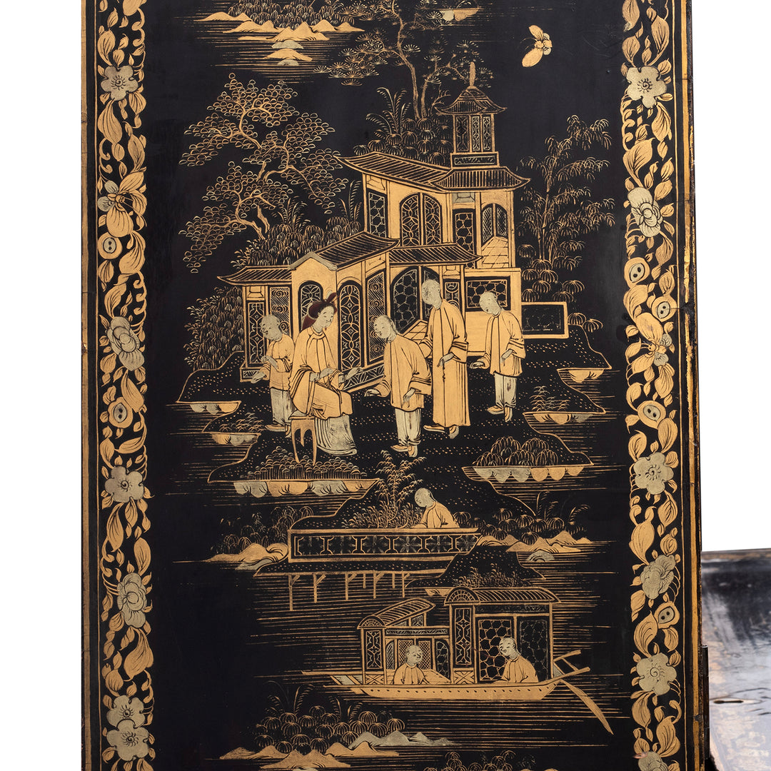 Artwork Detail From Side Of Antique Lacquered Canton Export Bonheur De Jour Cabinet | Indigo Antiques