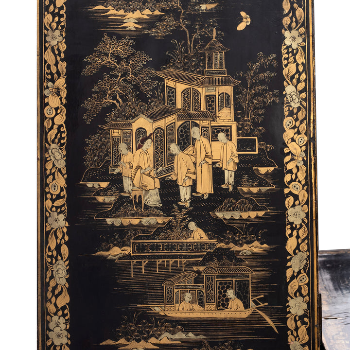Artwork Detail From Side Of Antique Lacquered Canton Export Bonheur De Jour Cabinet | Indigo Antiques