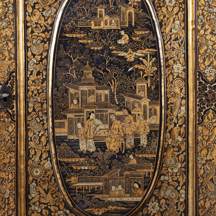 Artwork Detail From Door Panel Of Antique Lacquered Canton Export Bonheur De Jour Cabinet | Indigo Antiques