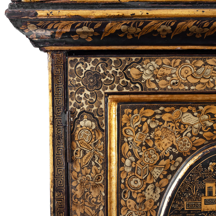 Corner Detail Displaying Artwork On Antique Lacquered Canton Export Bonheur De Jour Cabinet | Indigo Antiques