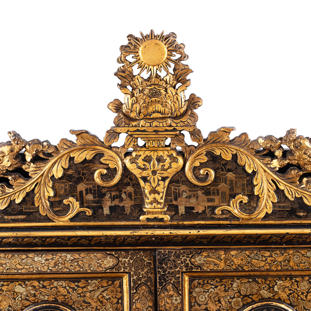 Central Detail From Top of Antique Lacquered Canton Export Bonheur De Jour Cabinet | Indigo Antiques