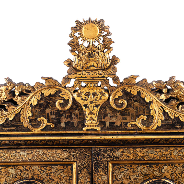 Central Detail From Top of Antique Lacquered Canton Export Bonheur De Jour Cabinet | Indigo Antiques