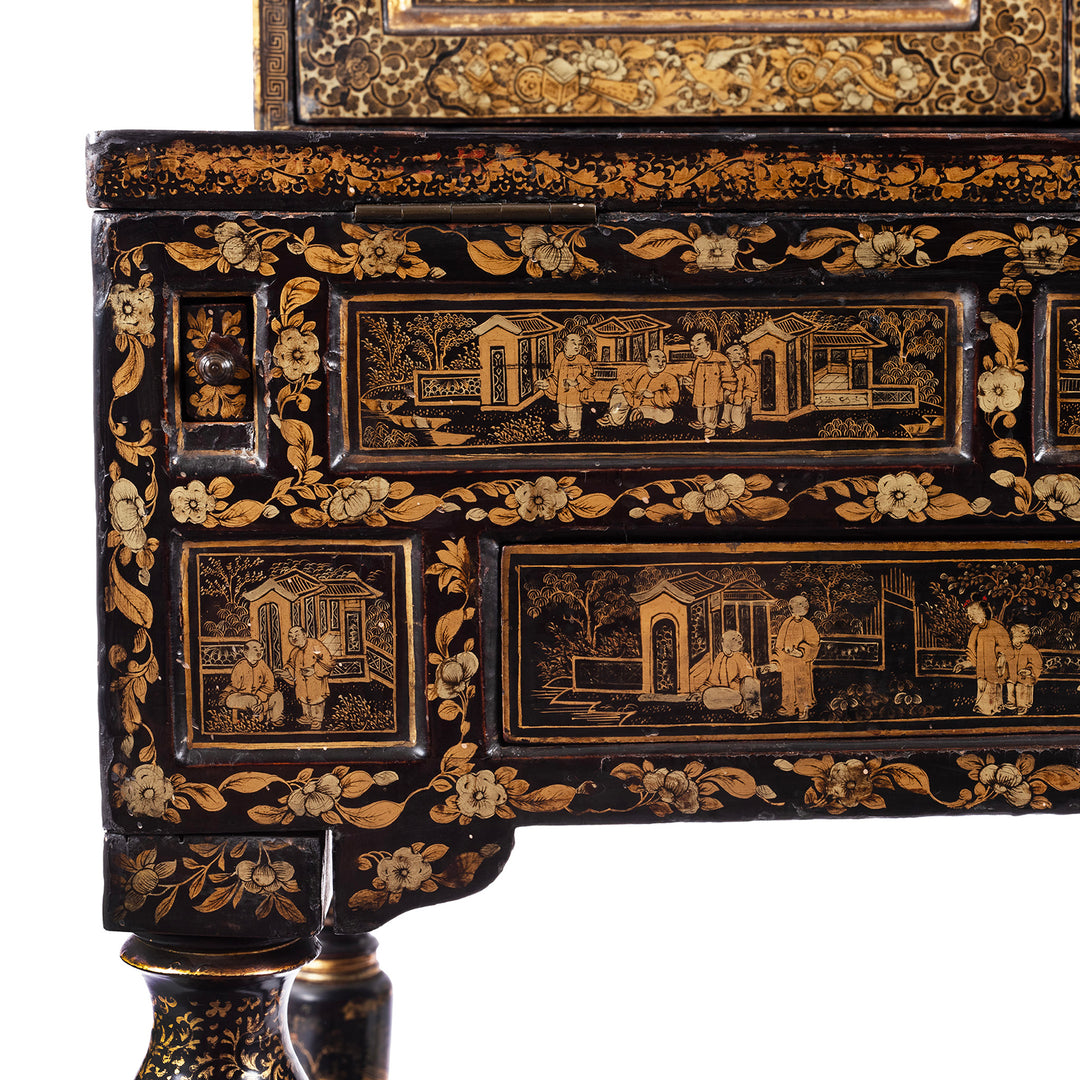 Cabinet Artwork And Small Drawer Detail From Antique Lacquered Canton Export Bonheur De Jour Cabinet | Indigo Antiques