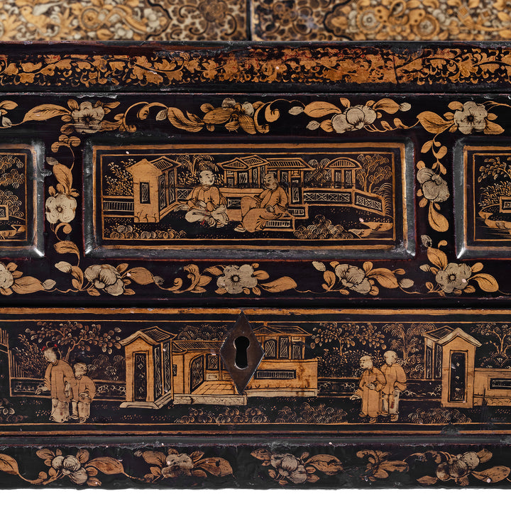 Drawer Artwork And Lock Detail From Antique Lacquered Canton Export Bonheur De Jour Cabinet | Indigo Antiques