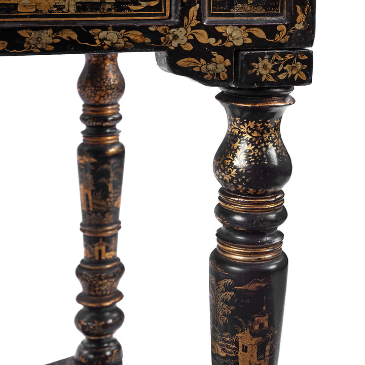 Leg Artwork And Detail From Antique Lacquered Canton Export Bonheur De Jour Cabinet | Indigo Antiques