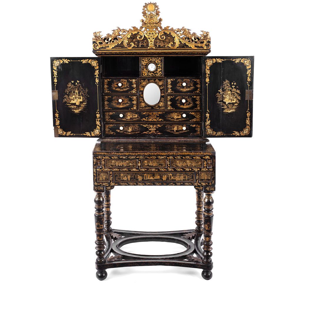 Open Doors View Of Antique Lacquered Canton Export Bonheur De Jour Cabinet | Indigo Antiques