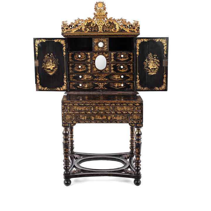 Open Doors View Of Antique Lacquered Canton Export Bonheur De Jour Cabinet | Indigo Antiques