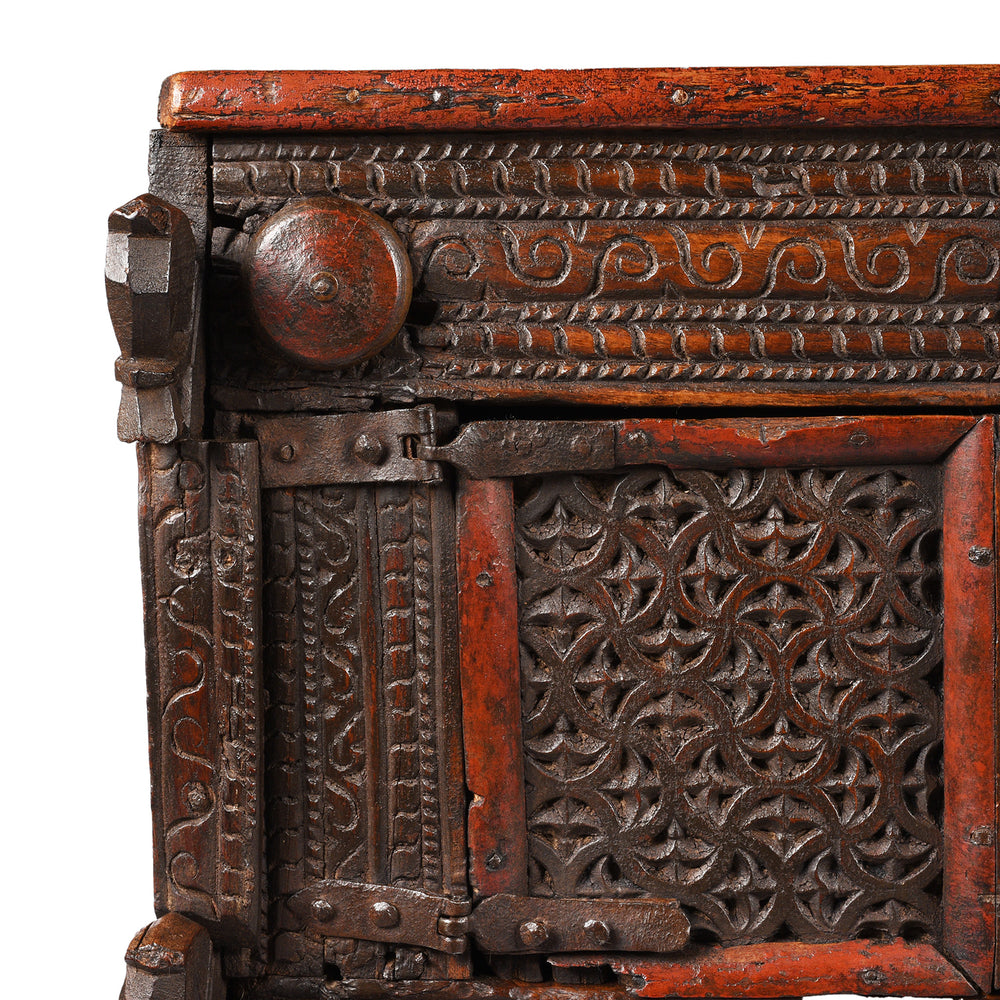 Horse head and laquer detail from an antique Indian Majus dowry chest from Gujarat | Indigo Antiques