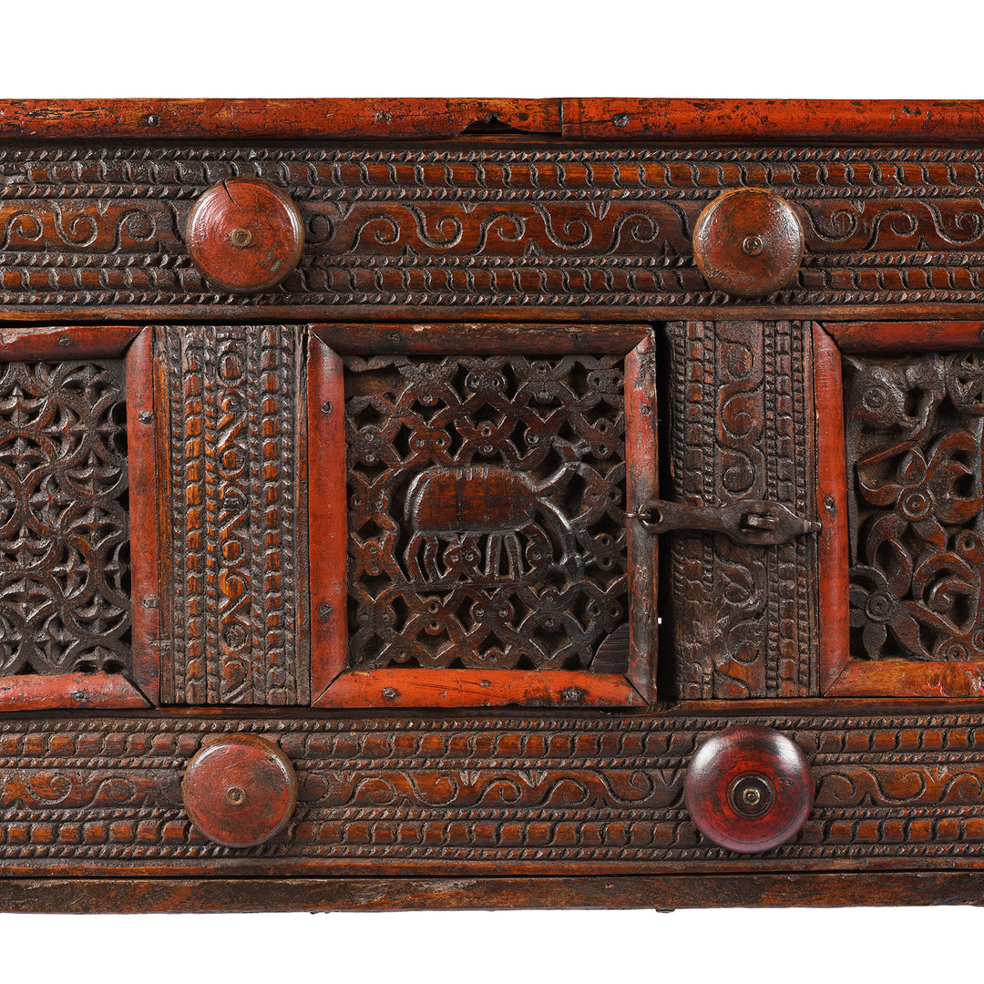 Mughal carving detail and laquer detail from an antique Indian Majus dowry chest from Gujarat | Indigo Antiques
