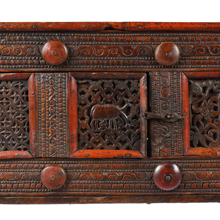 Mughal carving detail and laquer detail from an antique Indian Majus dowry chest from Gujarat | Indigo Antiques