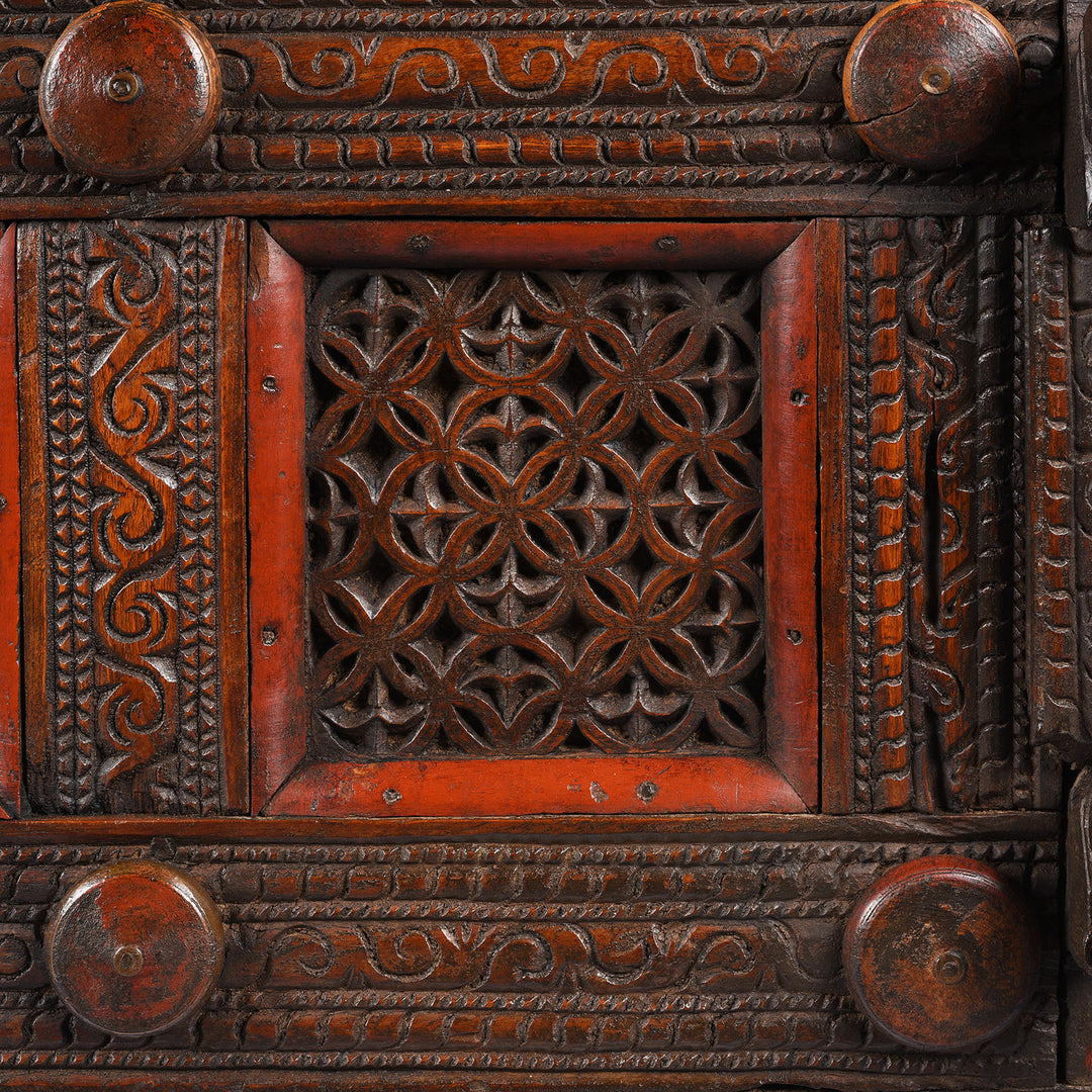 Mughal carving detail and laquer detail from an antique Indian Majus dowry chest from Gujarat | Indigo Antiques