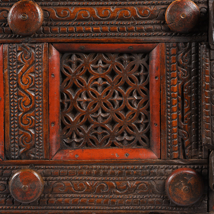 Mughal carving detail and laquer detail from an antique Indian Majus dowry chest from Gujarat | Indigo Antiques