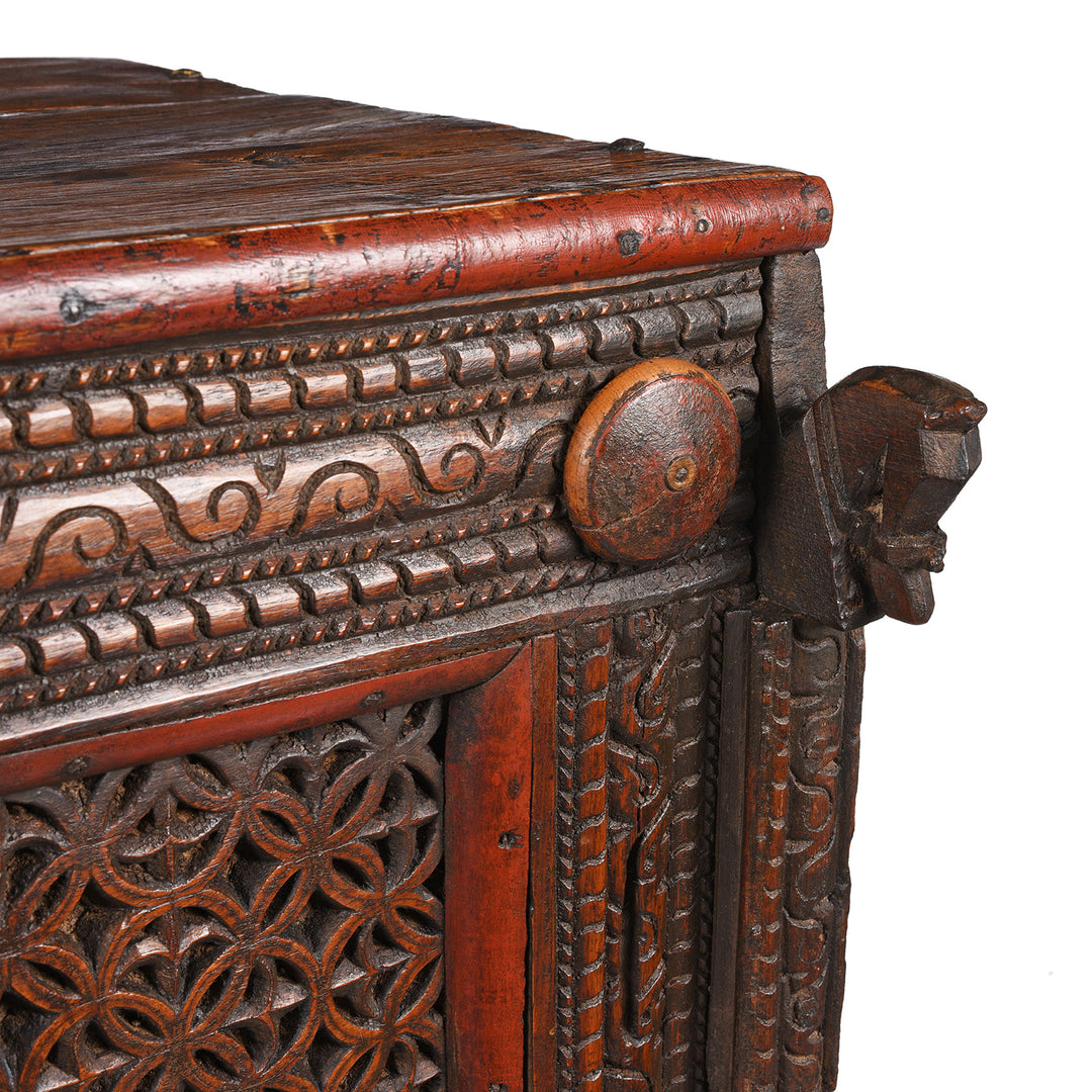 Corner Detail From Antique Carved Teak Dowry Chest - Majus From Gujarat | Indigo Antiques