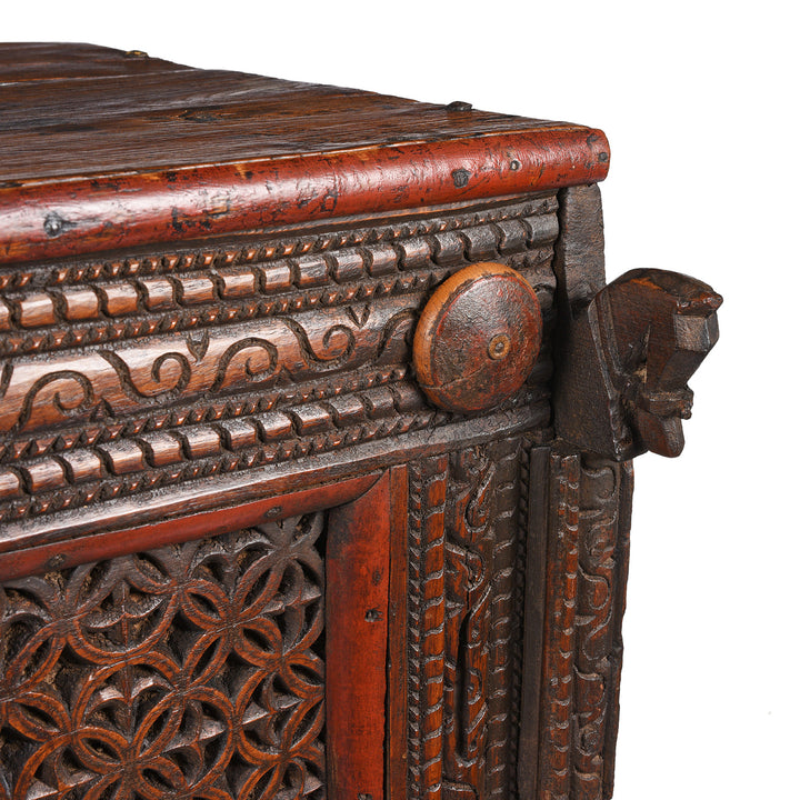 Corner Detail From Antique Carved Teak Dowry Chest - Majus From Gujarat | Indigo Antiques