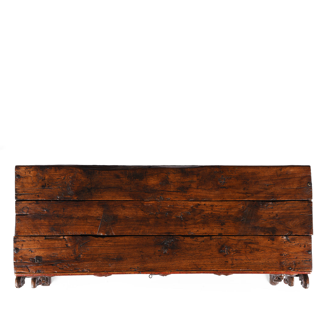 Top Down View Of Antique Carved Teak Dowry Chest - Majus From Gujarat| Indigo Antiques