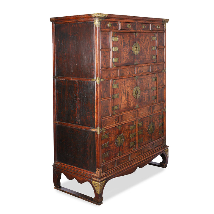 Angled View Of Antique Korean Burr Elm Ich Ung Jang Cabinet on Stand | Indigo Antques