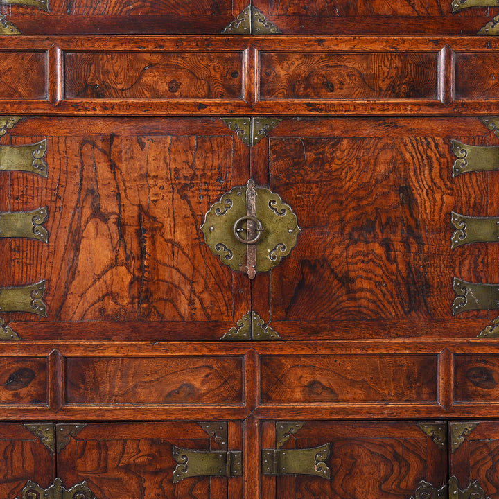 Closed Doors Detail Showing Brasswork And Grain From Antique Korean Burr Elm Ich Ung Jang Cabinet on Stand | Indigo Antques