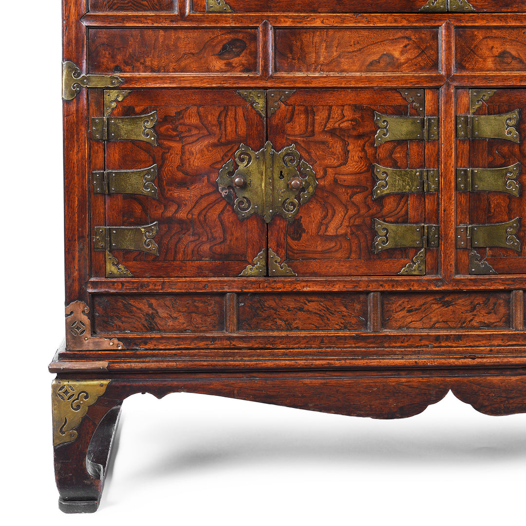 Stand & Lower Door Detail From Antique Korean Burr Elm Ich Ung Jang Cabinet on Stand | Indigo Antques