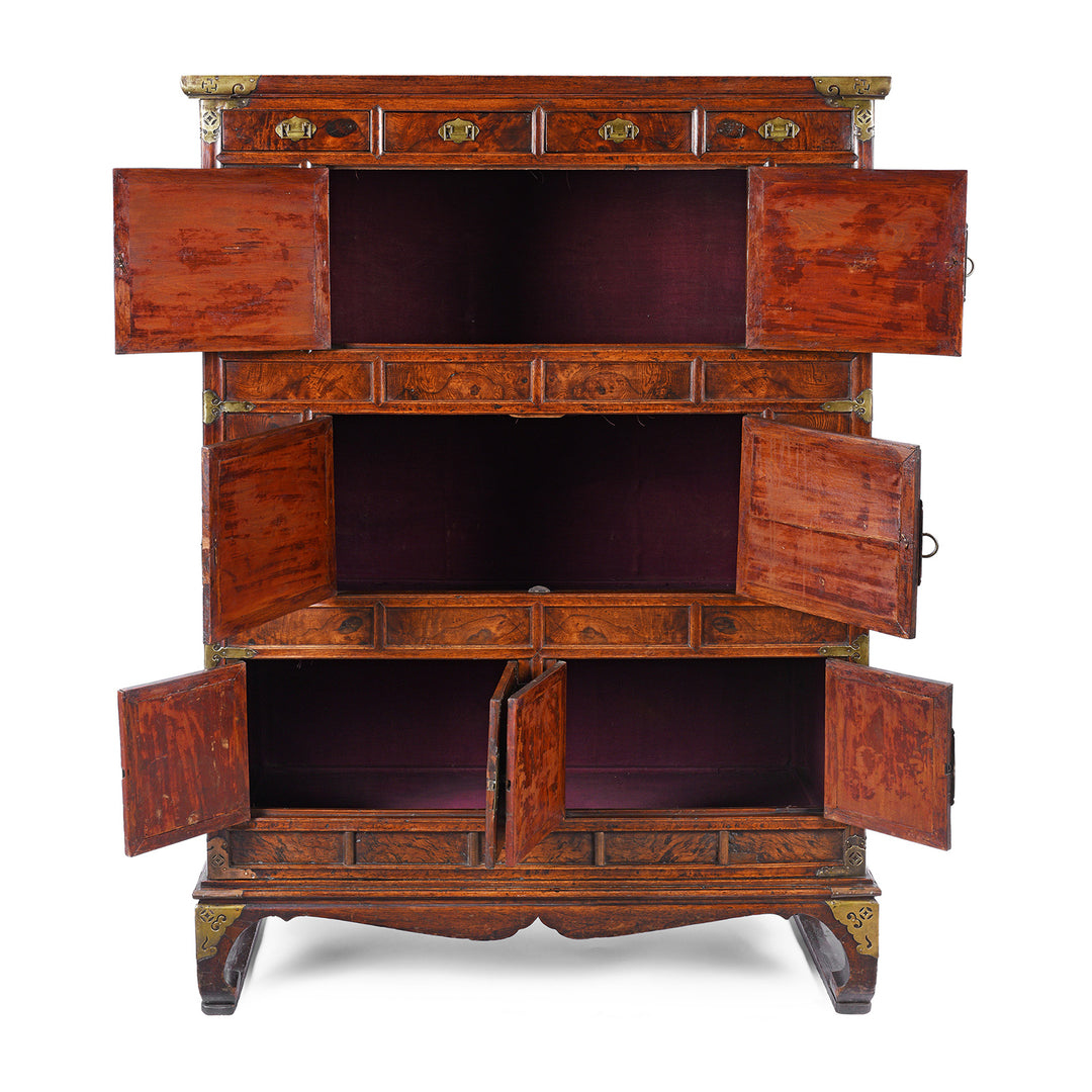 Interior View Of Antique Korean Burr Elm Ich Ung Jang Cabinet on Stand | Indigo Antques