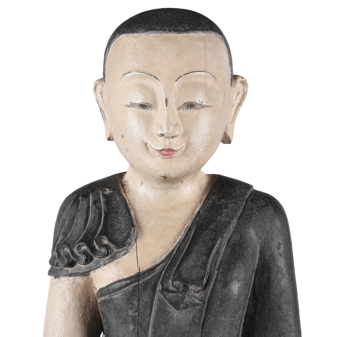 Face Detail From Pair Of Vintage Carved Teak Burmese Monks | Indigo Antiques