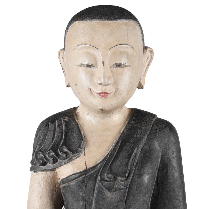 Face Detail From Pair Of Vintage Carved Teak Burmese Monks | Indigo Antiques