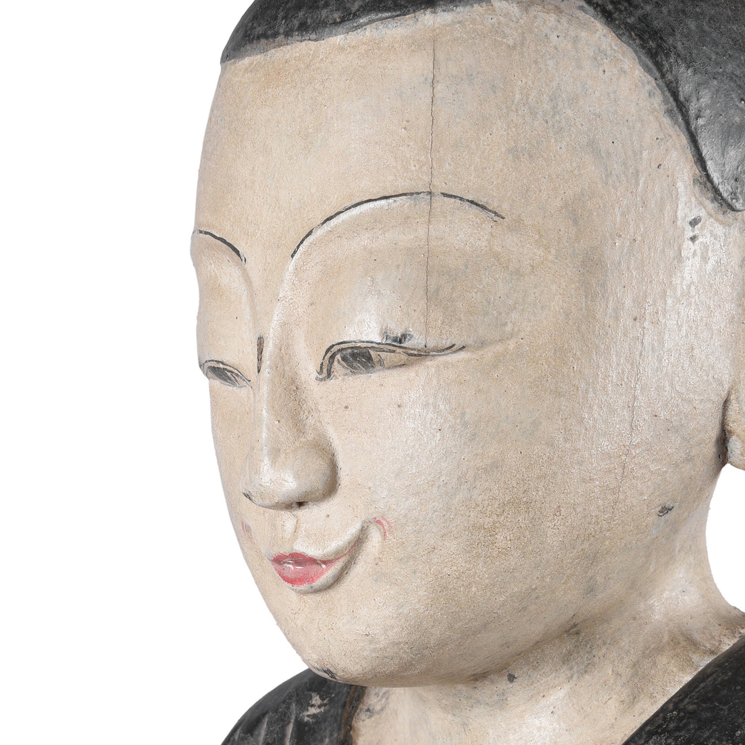 Face Detail From Pair Of Vintage Carved Teak Burmese Monks | Indigo Antiques