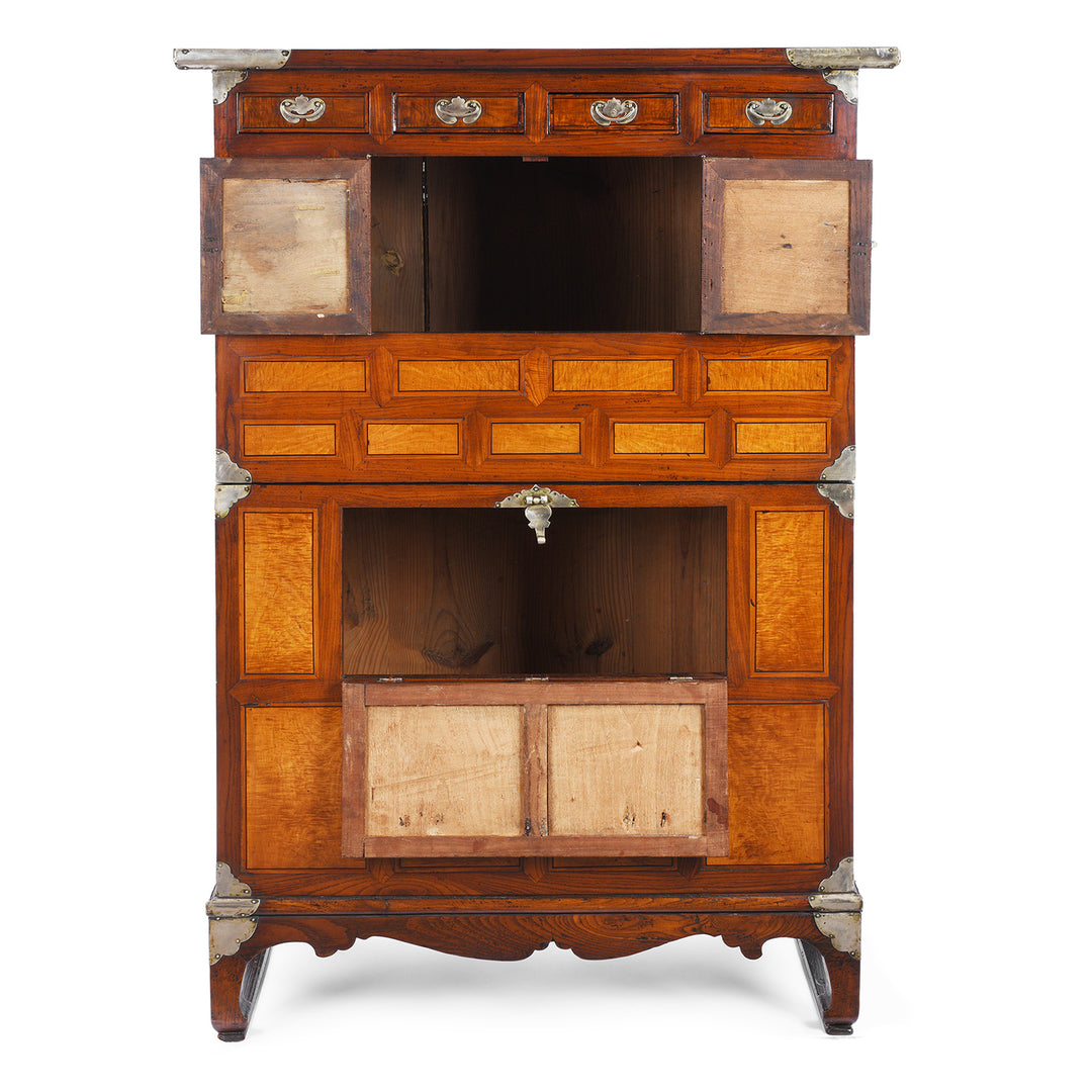 Open Doors View Of Antique Korean Ich Ung Jang Burr Cabinet on Stand | Indigo Antques