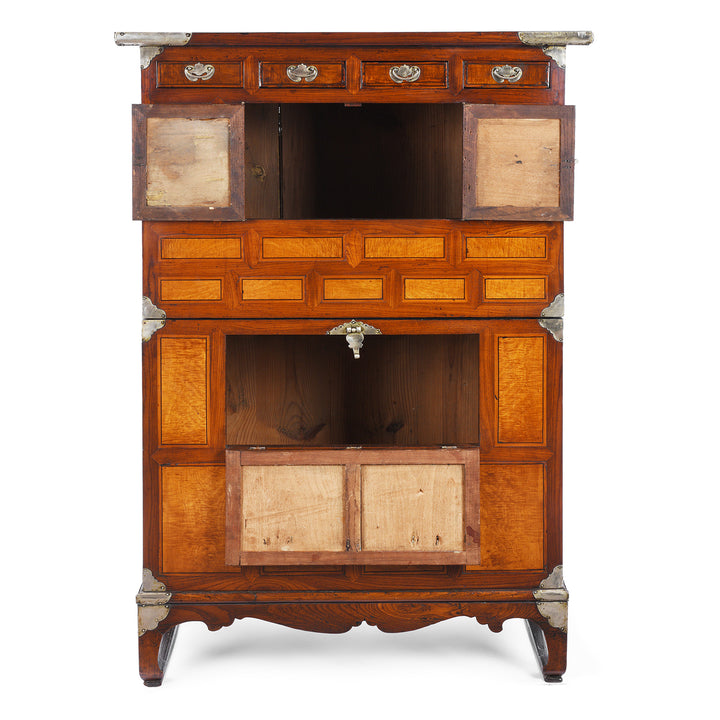 Open Doors View Of Antique Korean Ich Ung Jang Burr Cabinet on Stand | Indigo Antques