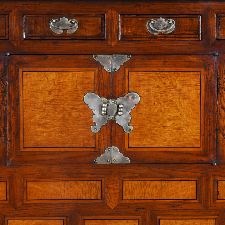 Butterfly Clasp Detail From Antique Korean Ich Ung Jang Burr Cabinet on Stand | Indigo Antques